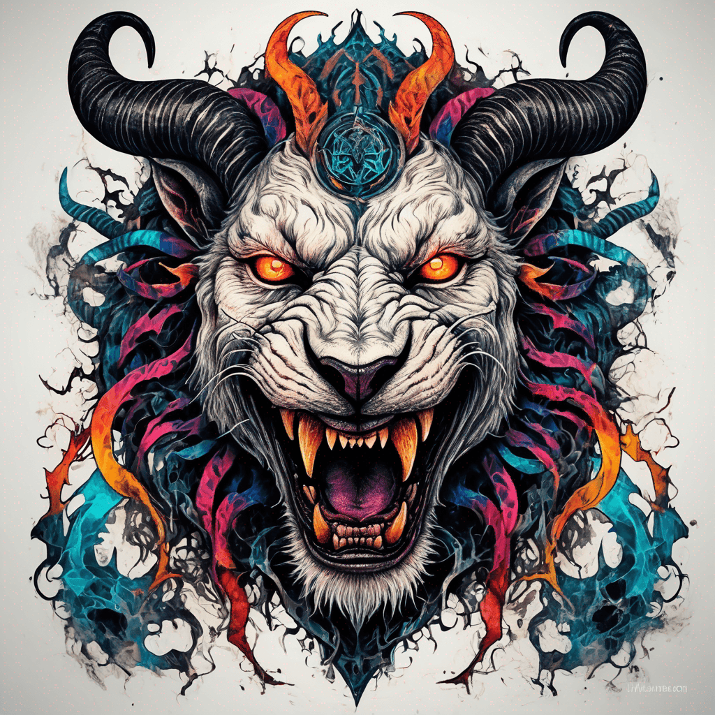 Fierce lion-goat demon face, snarling maw, twisted goat horns, glowing eyes, occult sigils, cracked skin, neo-traditional blackwork, bold lines and sinister smile with vibrant colour