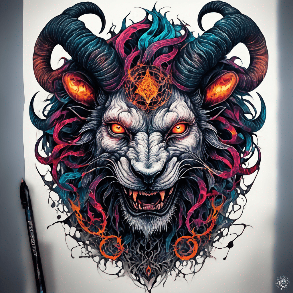 Fierce lion-goat demon face, snarling maw, twisted goat horns, glowing eyes, occult sigils, cracked skin, neo-traditional blackwork, bold lines and sinister smile with vibrant colour