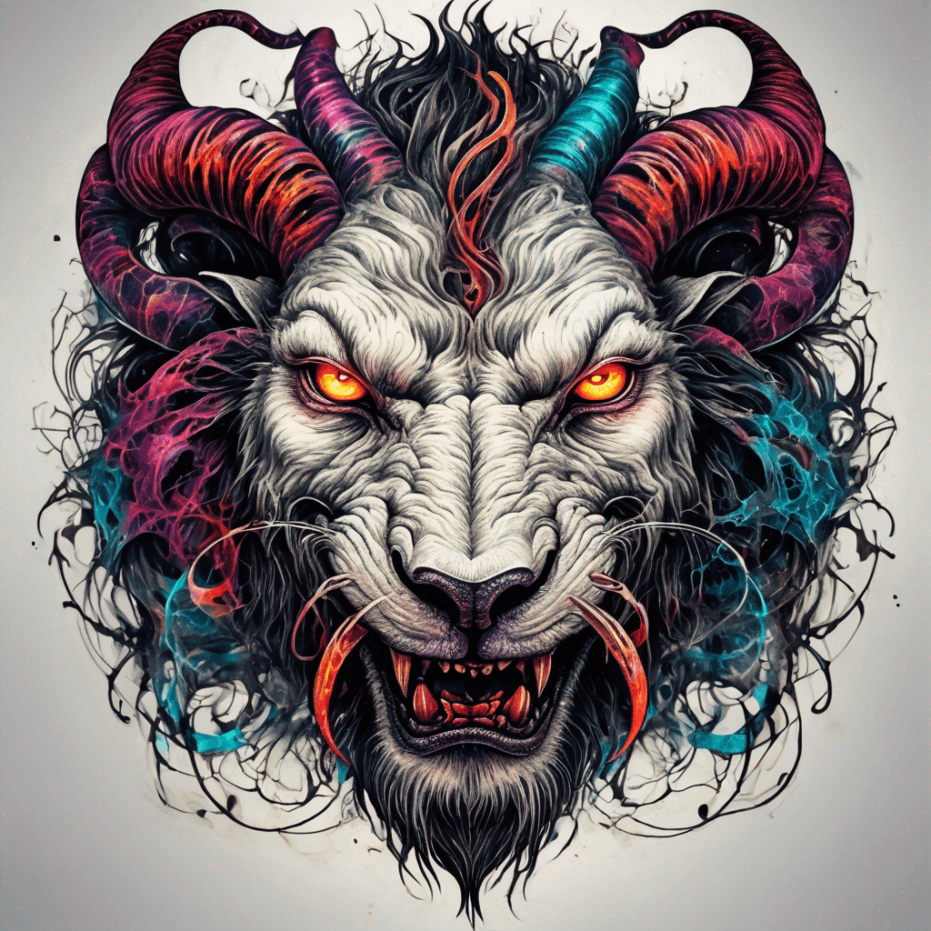 Fierce lion-goat demon face, snarling maw, twisted goat horns, glowing eyes, occult sigils, cracked skin, neo-traditional blackwork, bold lines and sinister smile with vibrant colour