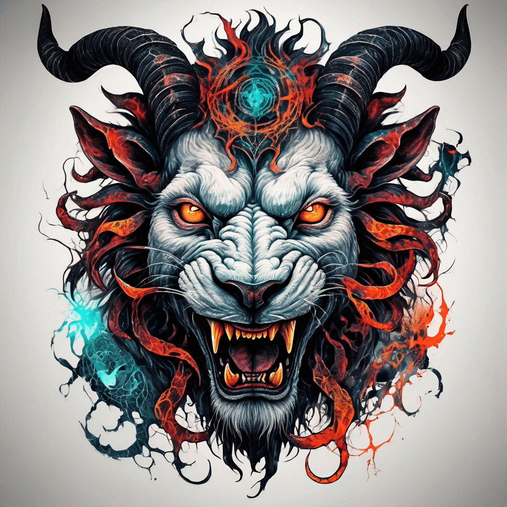 Fierce lion-goat demon face, snarling maw, twisted goat horns, glowing eyes, occult sigils, cracked skin, neo-traditional blackwork, bold lines and sinister smile with vibrant colour