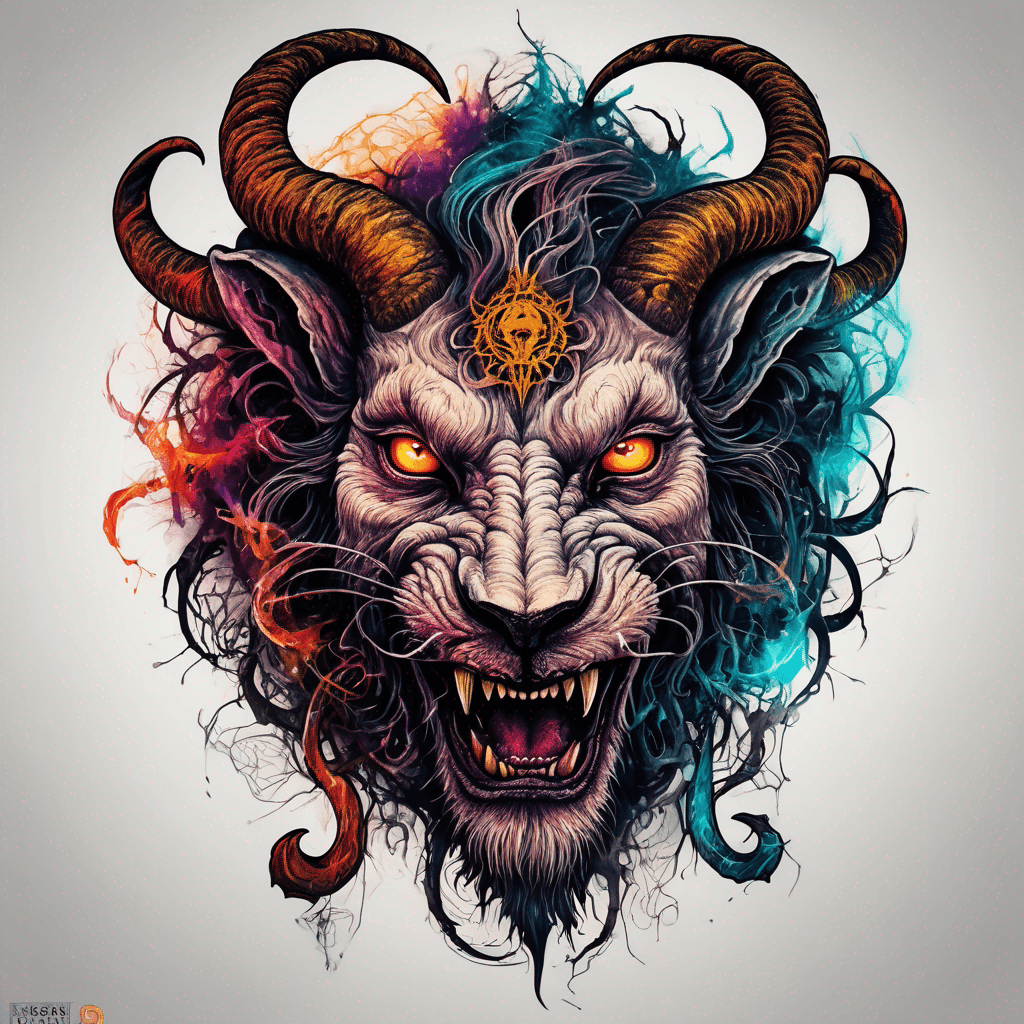 Fierce lion-goat demon face, snarling maw, twisted goat horns, glowing eyes, occult sigils, cracked skin, neo-traditional blackwork, bold lines and sinister smile with vibrant colour