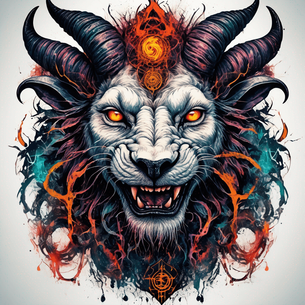 Fierce lion-goat demon face, snarling maw, twisted goat horns, glowing eyes, occult sigils, cracked skin, neo-traditional blackwork, bold lines and sinister smile with vibrant colour