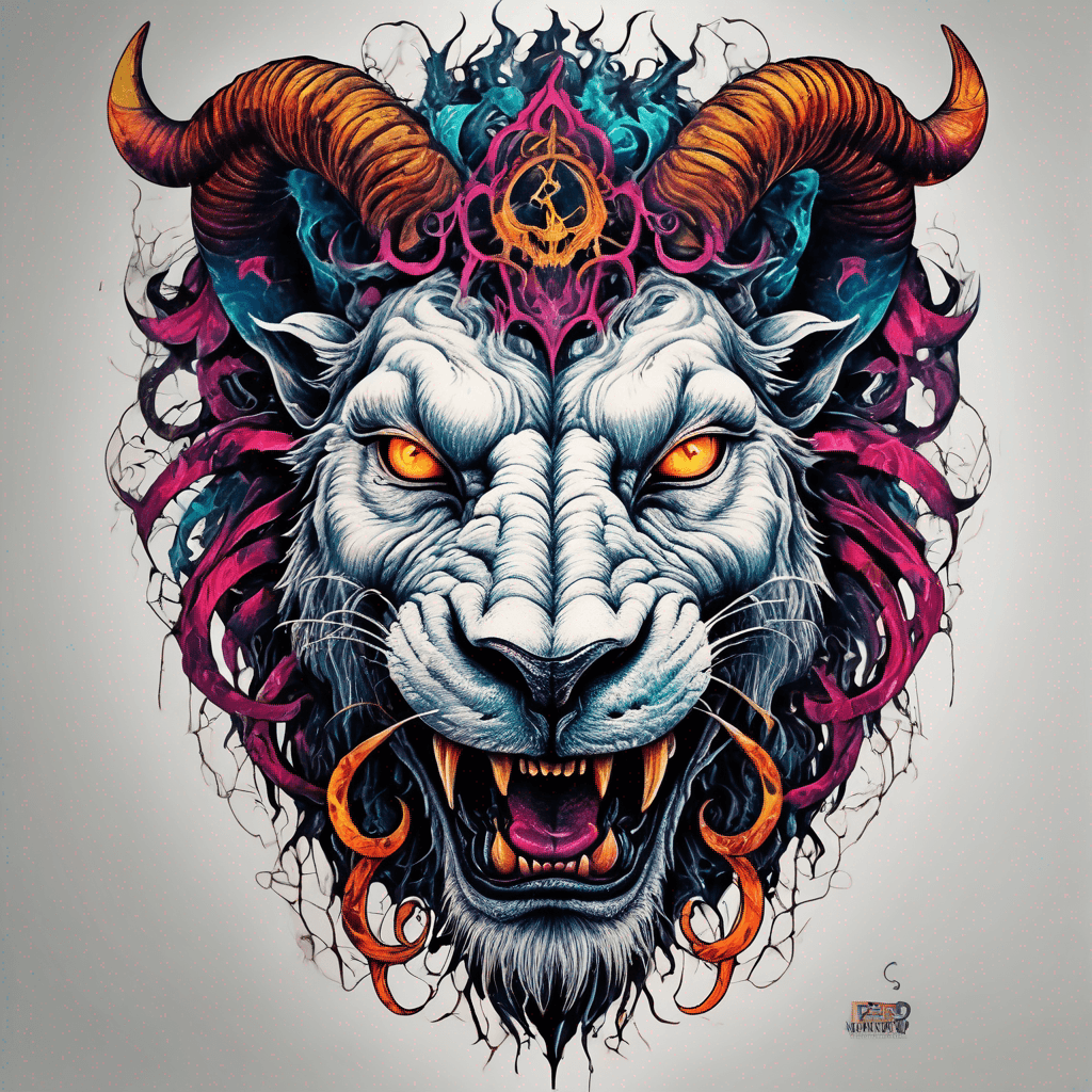 Fierce lion-goat demon face, snarling maw, twisted goat horns, glowing eyes, occult sigils, cracked skin, neo-traditional blackwork, bold lines and sinister smile with vibrant colour