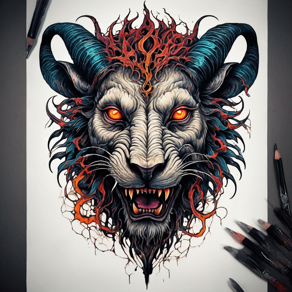 Fierce lion-goat demon face, snarling maw, twisted goat horns, glowing eyes, occult sigils, cracked skin, neo-traditional blackwork, bold lines and sinister smile with vibrant colour