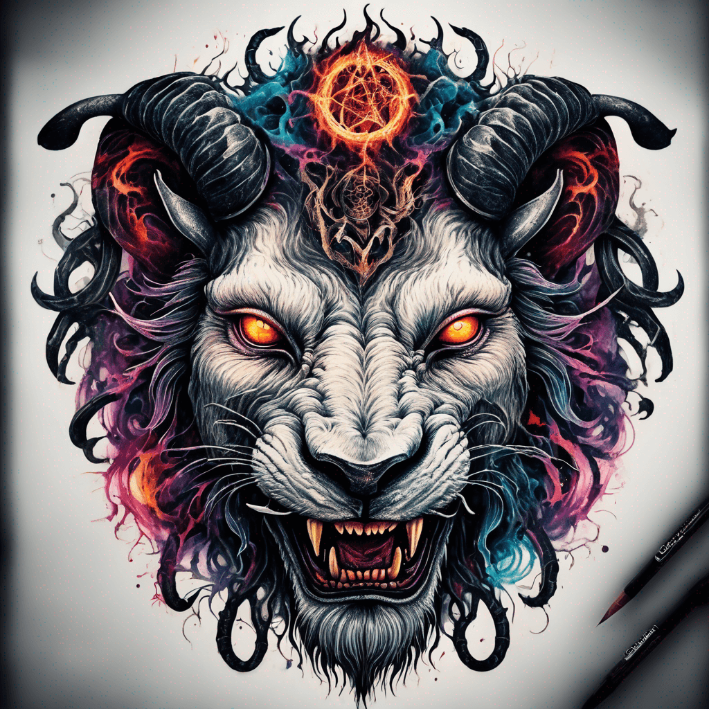 Fierce lion-goat demon face, snarling maw, twisted goat 4 horns, glowing eyes, occult sigils, cracked skin, neo-traditional blackwork, bold lines and sinister smile with vibrant colour