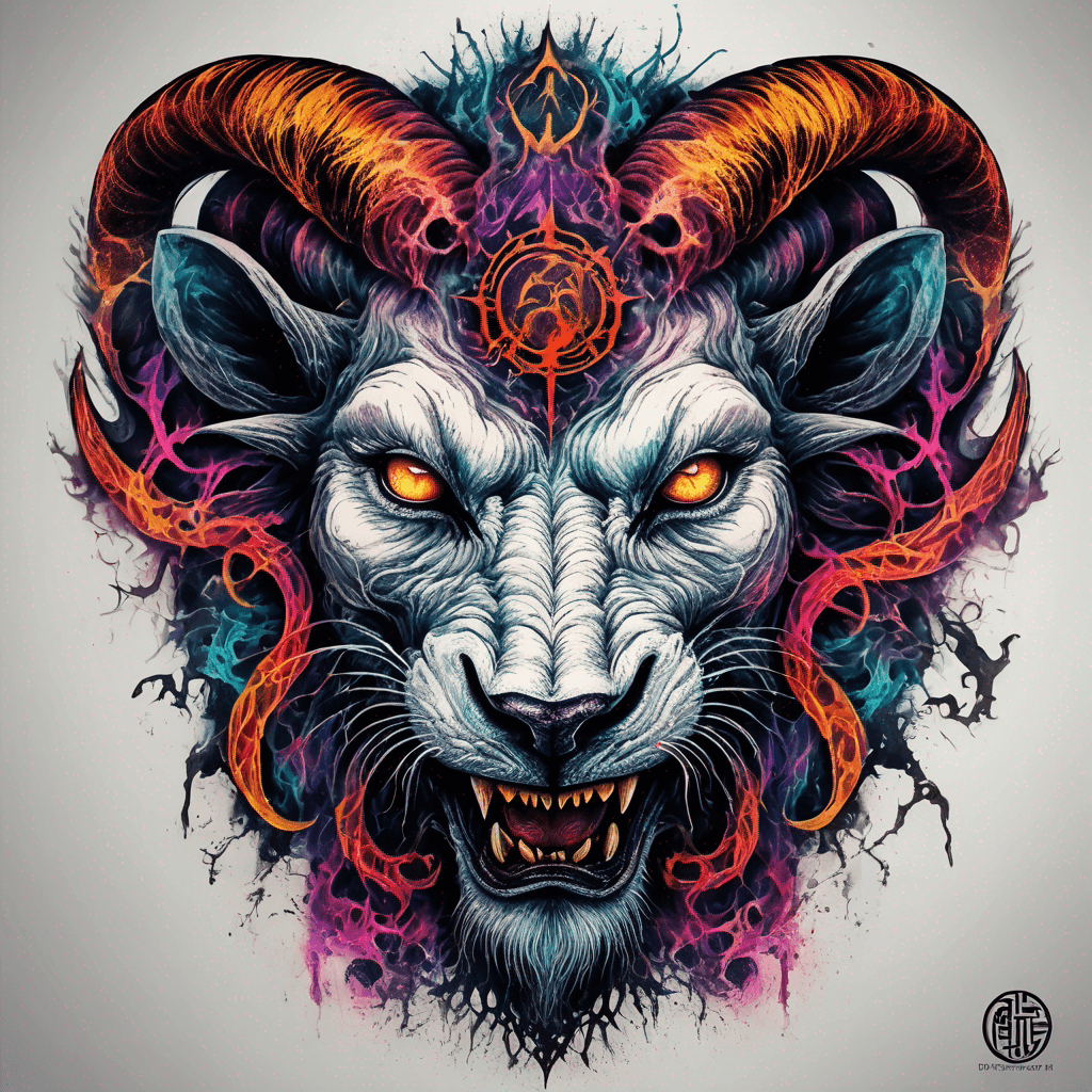 Fierce lion-goat demon face, snarling maw, twisted goat 4 horns, glowing eyes, occult sigils, cracked skin, neo-traditional blackwork, bold lines and sinister smile with vibrant colour