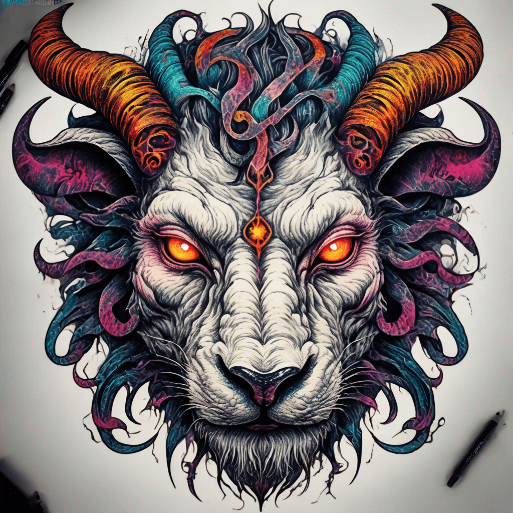 Fierce lion-goat demon face, snarling maw, twisted goat 4 horns, glowing eyes, occult sigils, cracked skin, neo-traditional blackwork, bold lines and sinister smile with vibrant colour