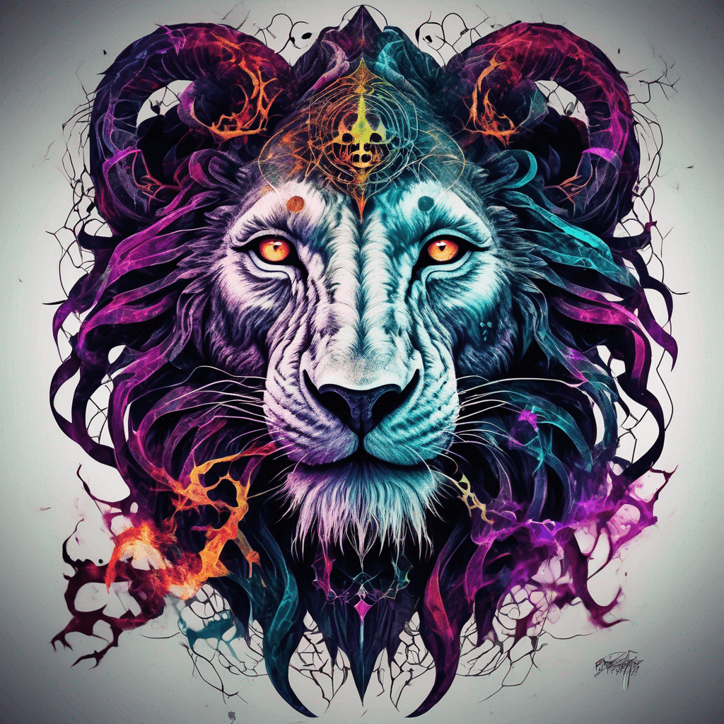Neo-traditional bold blackwork lion-goat demon, snarling maw, 4 twisted horns, glowing eyes, sigils, cracked hide, sinister grin, vivid jewel tones