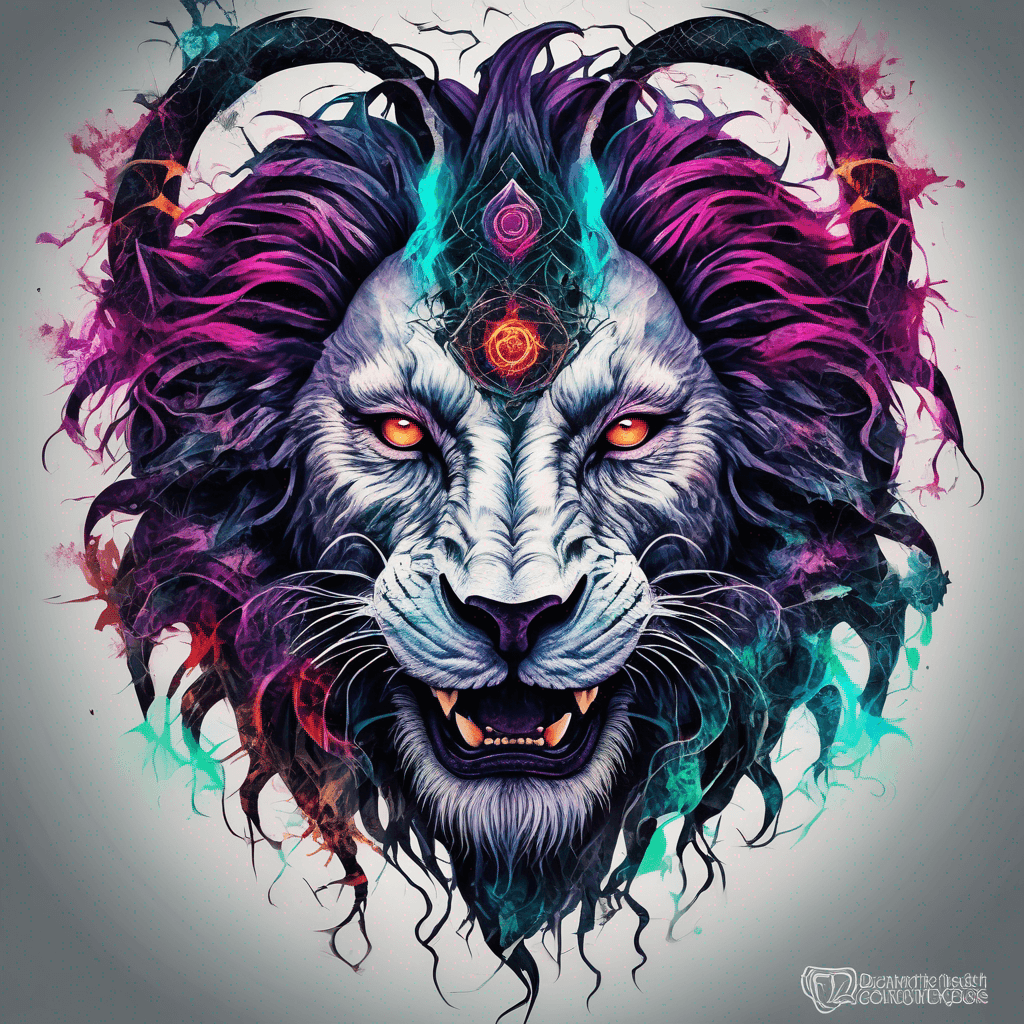 Neo-traditional bold blackwork lion-goat demon, snarling maw, 4 twisted horns, glowing eyes, sigils, cracked hide, sinister grin, vivid jewel tones
