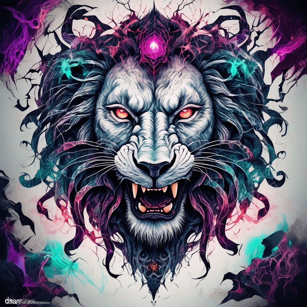 Neo-traditional bold blackwork lion-goat demon, snarling maw, 4 twisted horns, glowing eyes, sigils, cracked hide, sinister grin, vivid jewel tones
