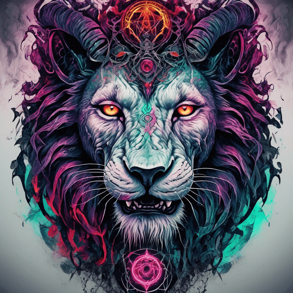 Neo-traditional bold blackwork lion-goat demon, snarling maw, 4 twisted horns, glowing eyes, sigils, cracked hide, sinister grin, vivid jewel tones