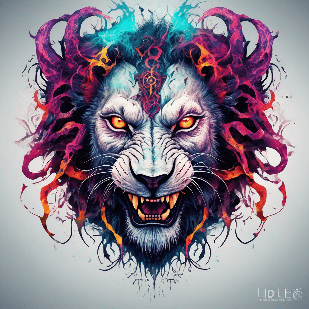 lion-goat demon head, snarling maw, 4 twisted horns, glowing eyes, sigils, cracked hide, sinister grin, vibrant colour