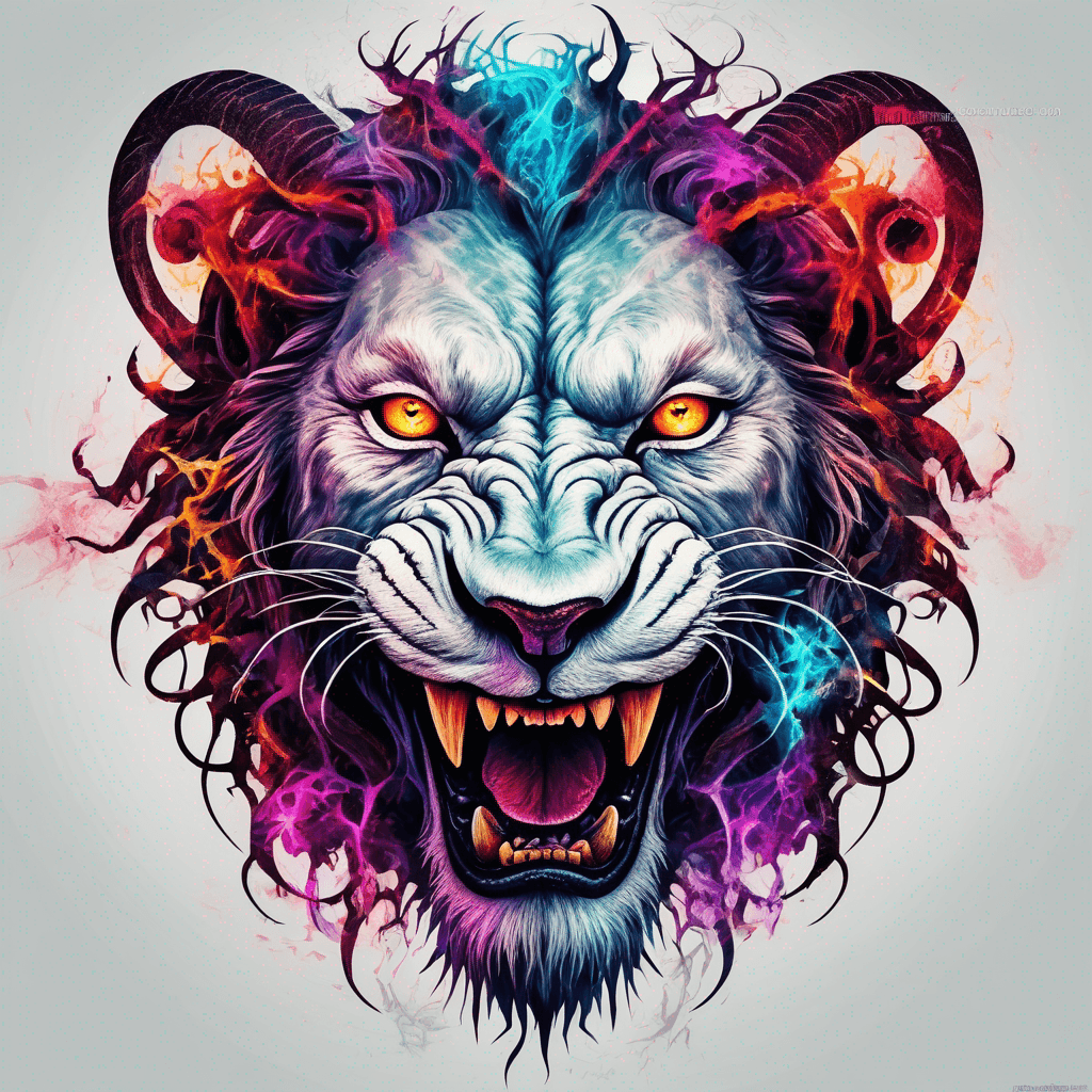 lion-goat demon head, snarling maw, 4 twisted horns, glowing eyes, sigils, cracked hide, sinister grin, vibrant colour