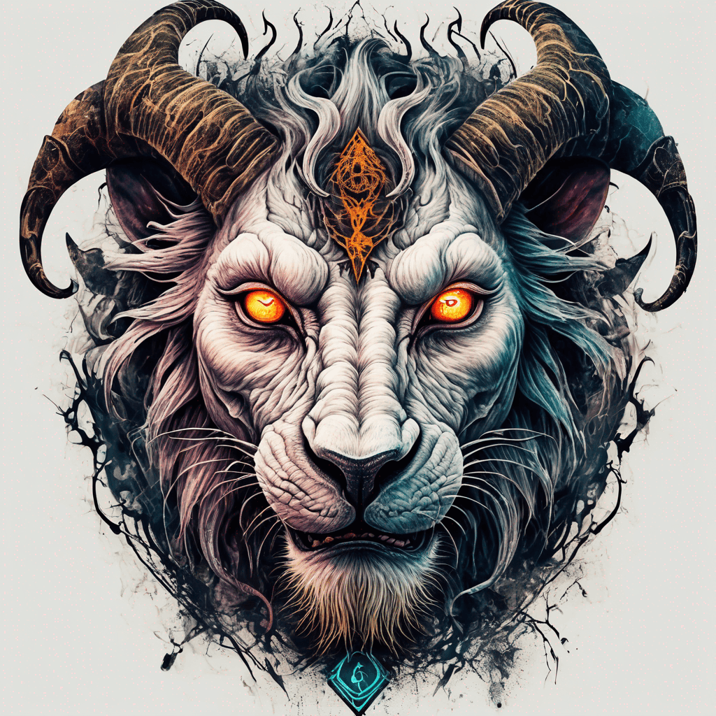 fierce lion-goat demon face, snarling maw, twisted goat horns, glowing eyes, occult sigils, cracked skin, neo-traditional blackwork, bold lines
