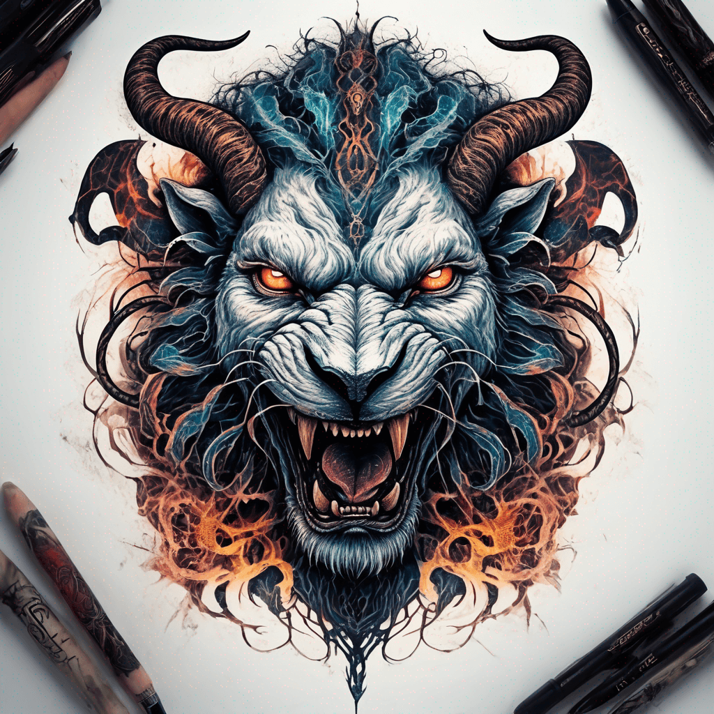 fierce lion-goat demon face, snarling maw, twisted goat horns, glowing eyes, occult sigils, cracked skin, neo-traditional blackwork, bold lines