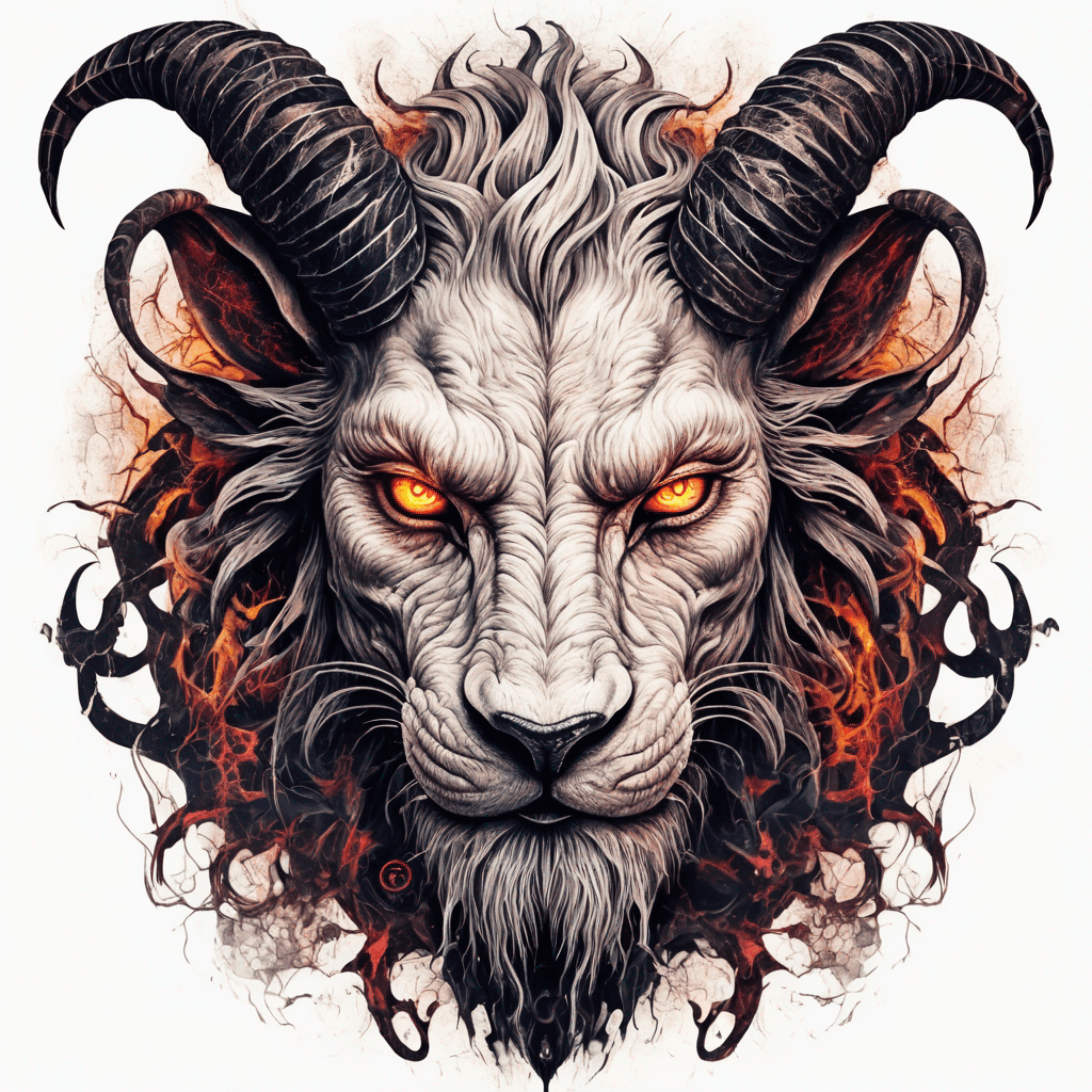 fierce lion-goat demon face, snarling maw, twisted goat horns, glowing eyes, occult sigils, cracked skin, neo-traditional blackwork, bold lines