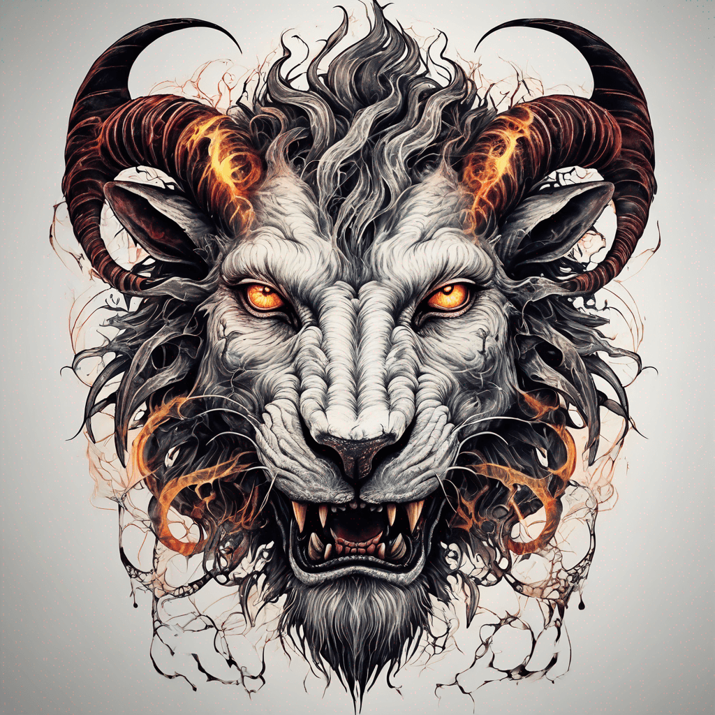 fierce lion-goat demon face, snarling maw, twisted goat horns, glowing eyes, occult sigils, cracked skin, neo-traditional blackwork, bold lines