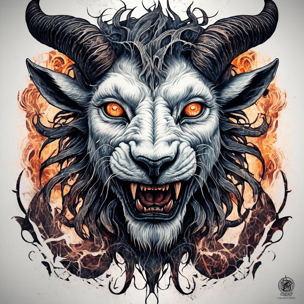fierce goat-lion demon face, snarling maw, twisted goat horns, glowing eyes, occult sigils, cracked skin, neo-traditional blackwork, bold lines
