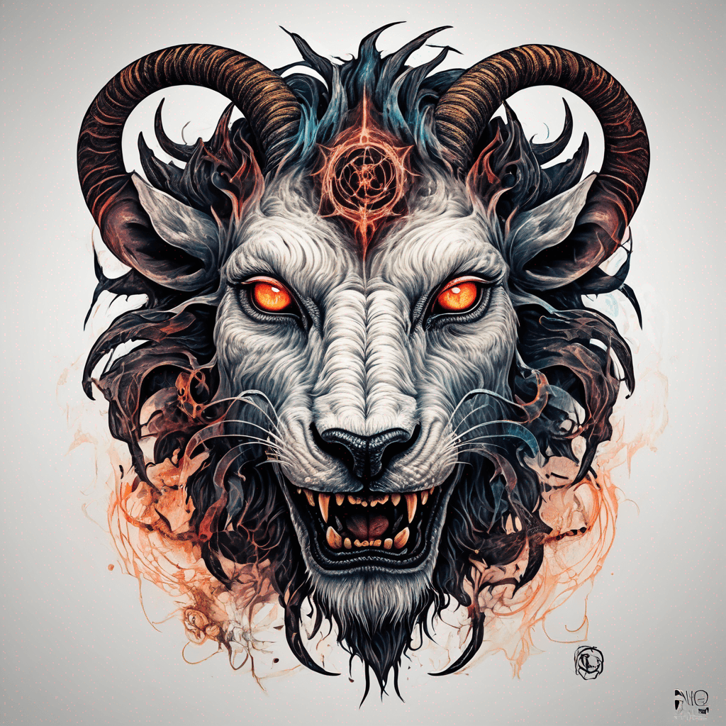 fierce goat-lion demon face, snarling maw, twisted goat horns, glowing eyes, occult sigils, cracked skin, neo-traditional blackwork, bold lines