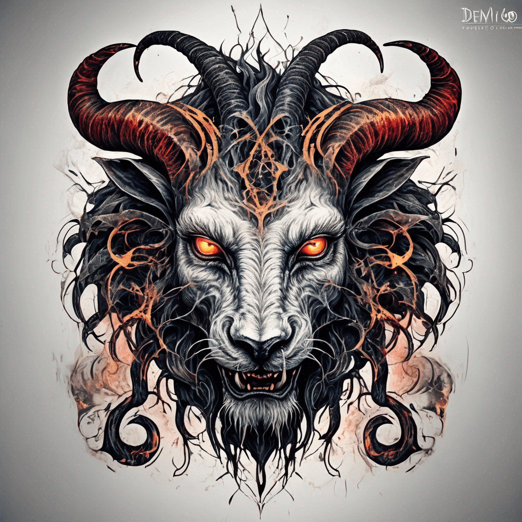 fierce goat-lion demon face, snarling maw, twisted goat horns, glowing eyes, occult sigils, cracked skin, neo-traditional blackwork, bold lines