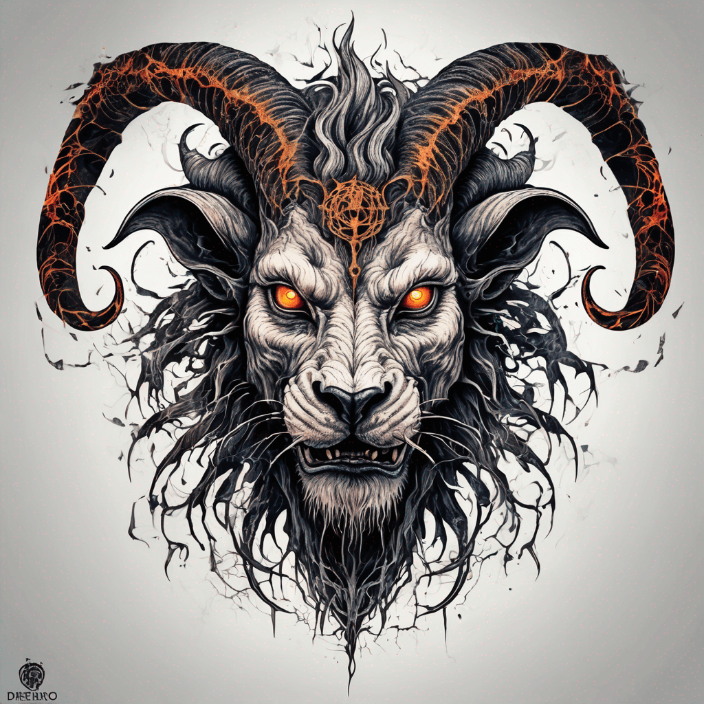 fierce goat-lion demon face, snarling maw, twisted goat horns, glowing eyes, occult sigils, cracked skin, neo-traditional blackwork, bold lines