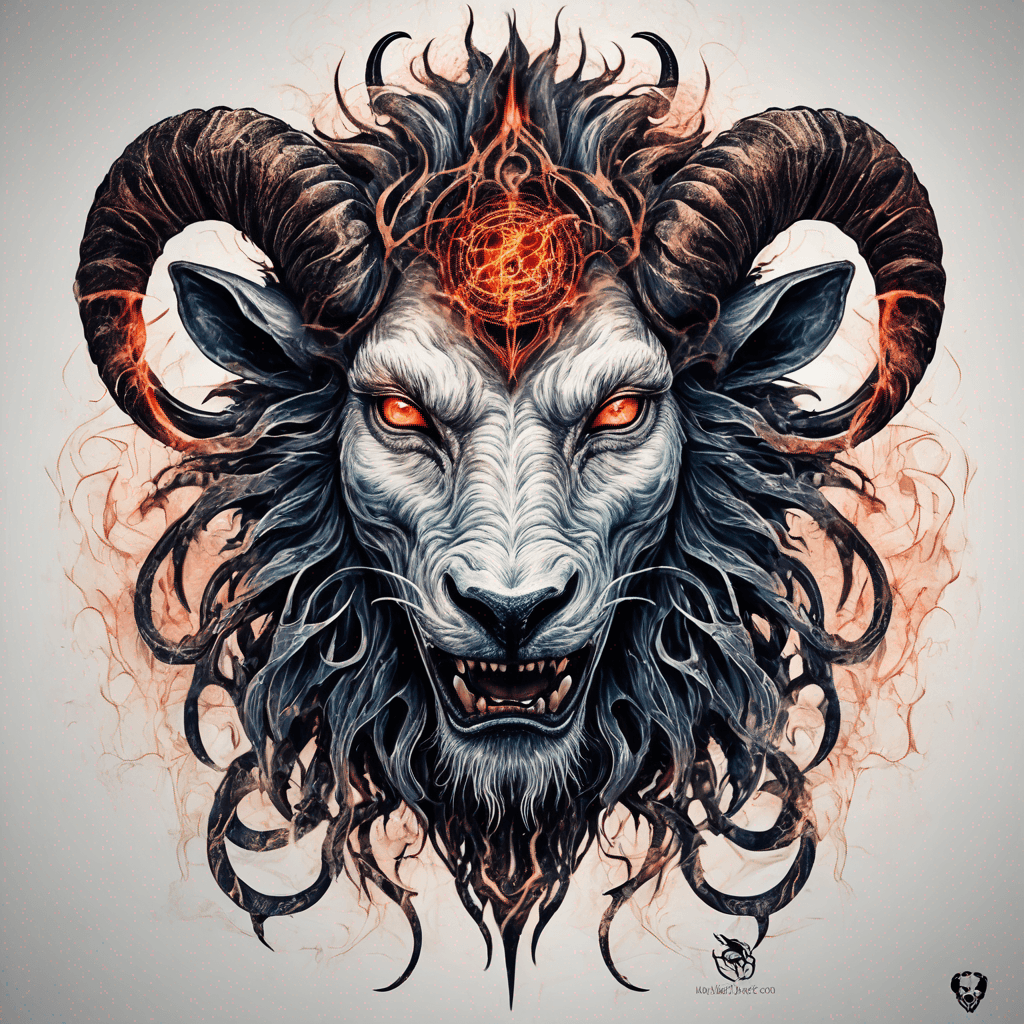 fierce goat-lion demon face, snarling maw, twisted goat horns, glowing eyes, occult sigils, cracked skin, neo-traditional blackwork, bold lines