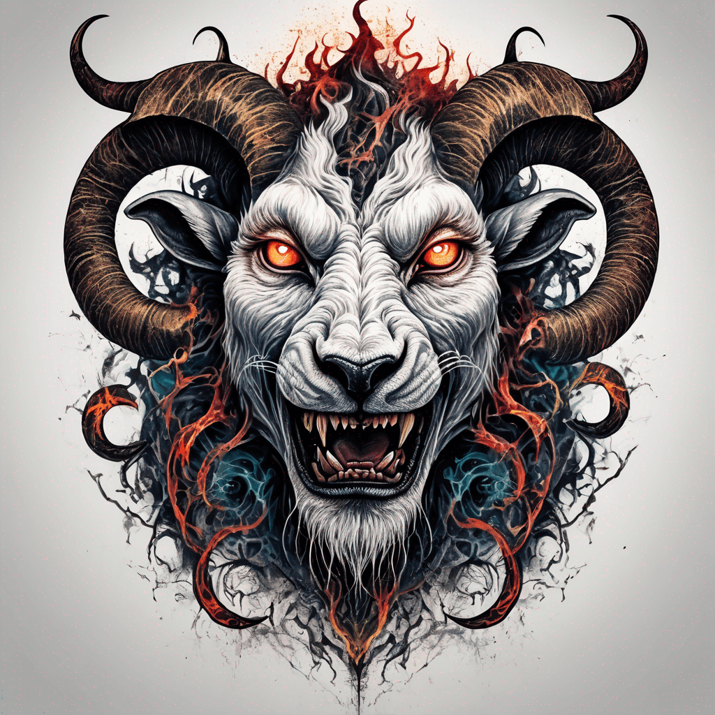 fierce goat-lion demon face, snarling maw, twisted goat horns, glowing eyes, occult sigils, cracked skin, neo-traditional blackwork, bold lines
