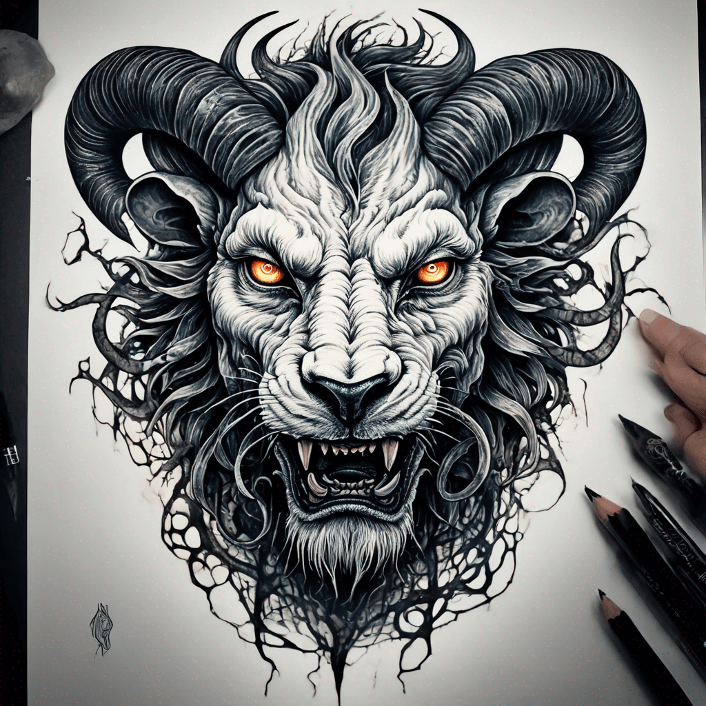 fierce goat-lion demon face, snarling maw, twisted goat horns, glowing eyes, occult sigils, cracked skin, neo-traditional blackwork, bold lines