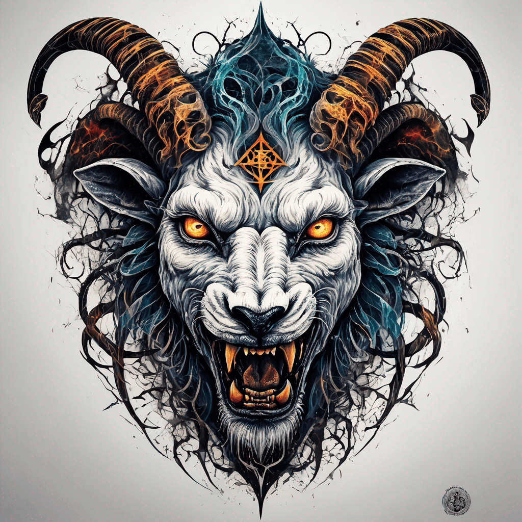 fierce goat-lion demon face, snarling maw, twisted goat horns, glowing eyes, occult sigils, cracked skin, neo-traditional blackwork, bold lines