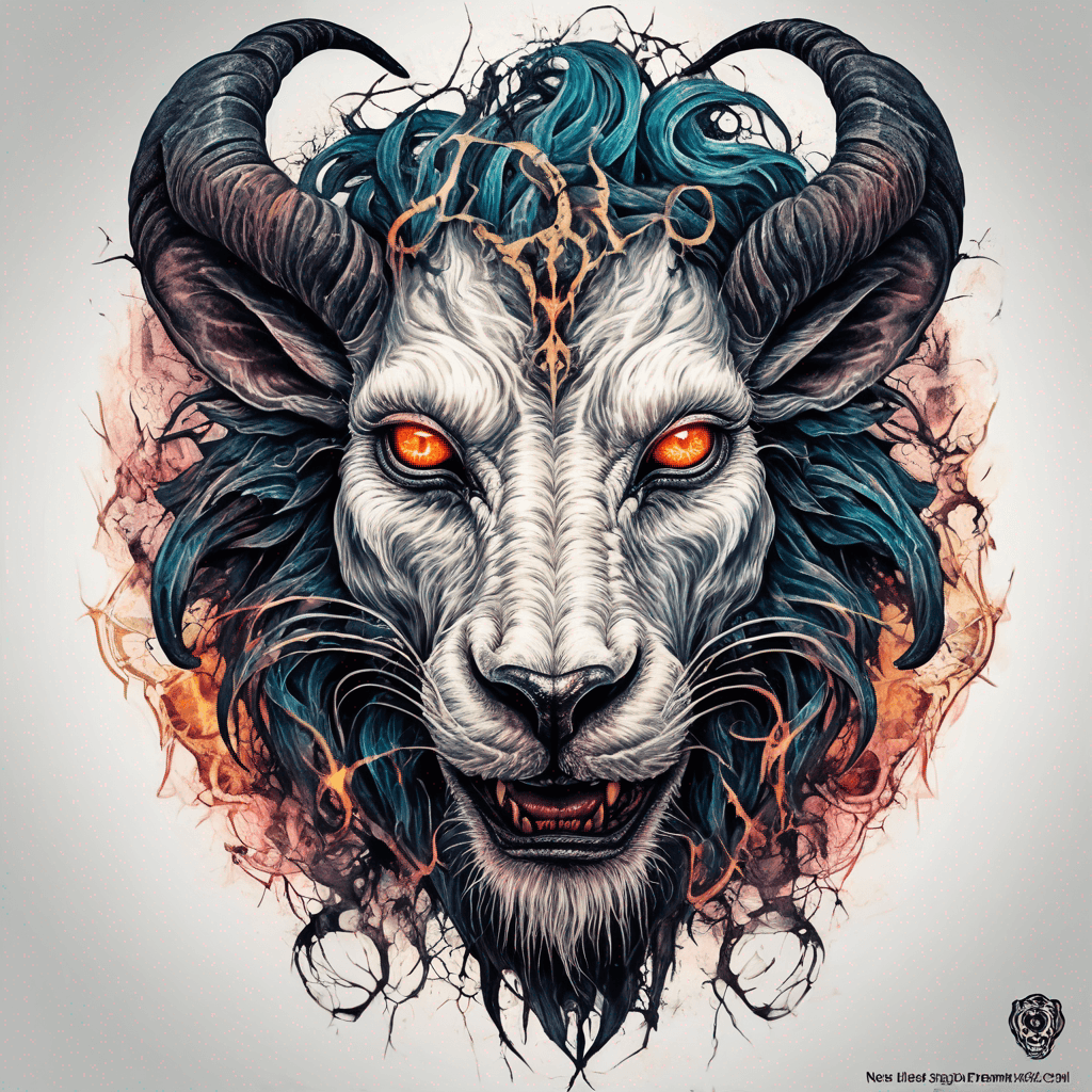 fierce goat-lion demon face, snarling maw, twisted goat horns, glowing eyes, occult sigils, cracked skin, neo-traditional blackwork, bold lines