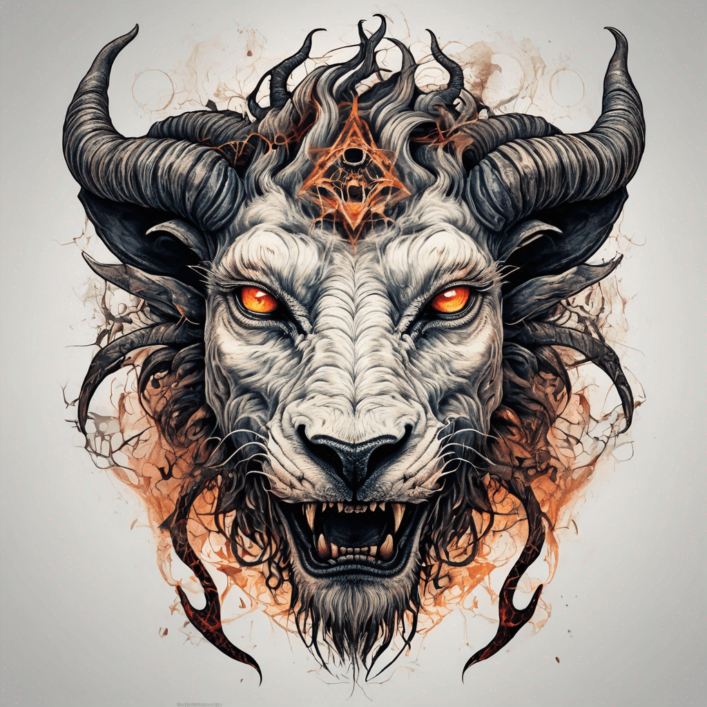 fierce goat-lion demon face, snarling maw, twisted goat horns, glowing eyes, occult sigils, cracked skin, neo-traditional blackwork, bold lines