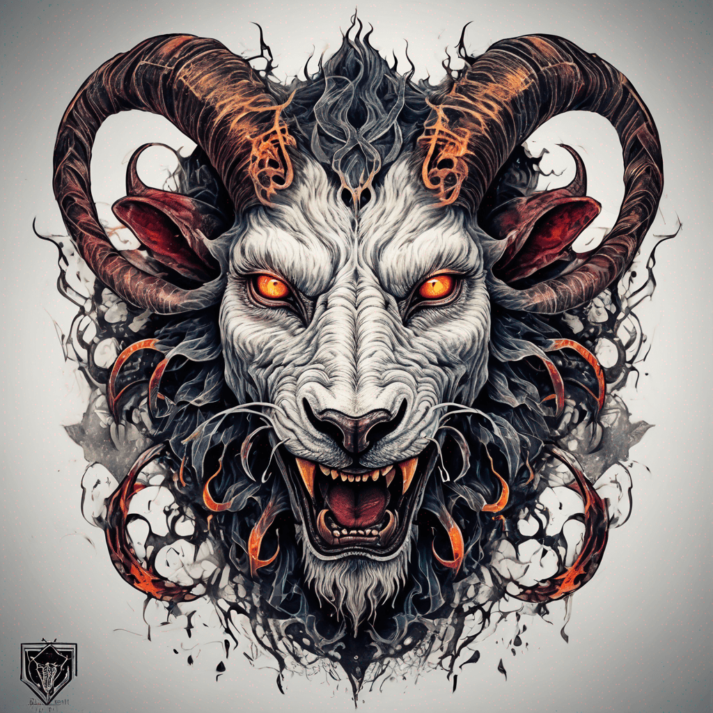 fierce goat-lion demon face, snarling maw, twisted goat horns, glowing eyes, occult sigils, cracked skin, neo-traditional blackwork, bold lines