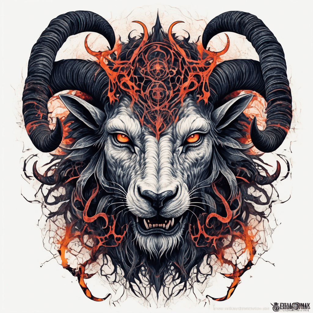 fierce goat-lion demon face, snarling maw, twisted goat horns, glowing eyes, occult sigils, cracked skin, neo-traditional blackwork, bold lines