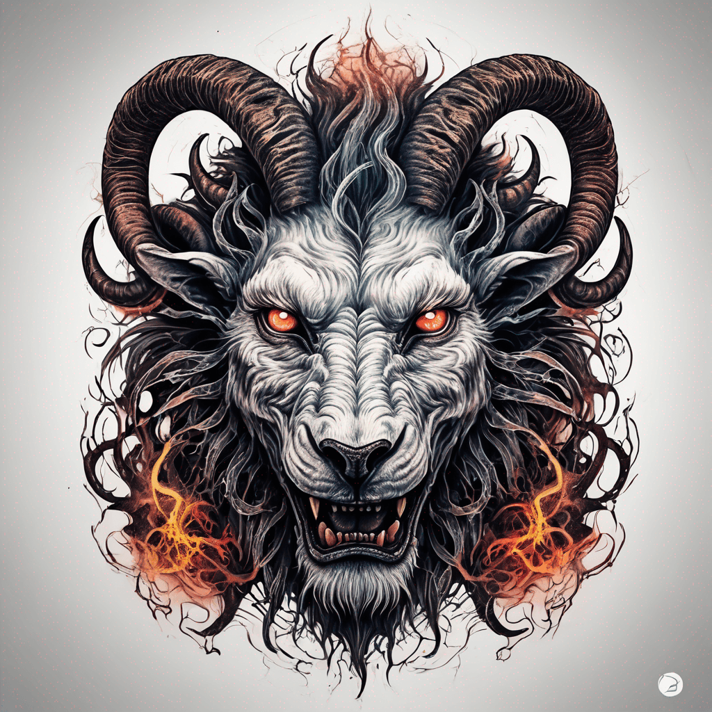 fierce goat-lion demon face, snarling maw, twisted goat horns, glowing eyes, occult sigils, cracked skin, neo-traditional blackwork, bold lines