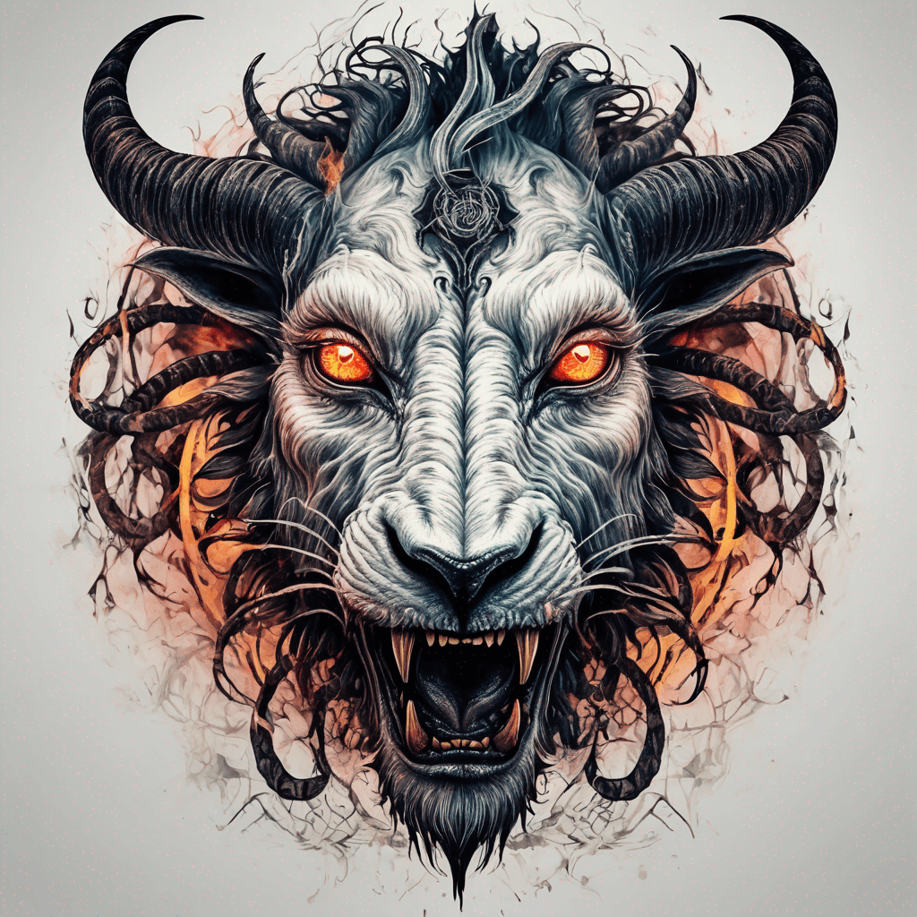 fierce goat-lion demon face, snarling maw, twisted goat horns, glowing eyes, occult sigils, cracked skin, neo-traditional blackwork, bold lines