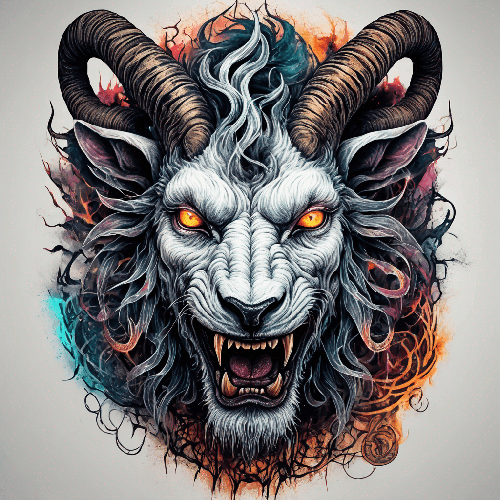 fierce goat-lion demon face, snarling maw, twisted goat horns, glowing eyes, occult sigils, cracked skin, neo-traditional blackwork, bold lines