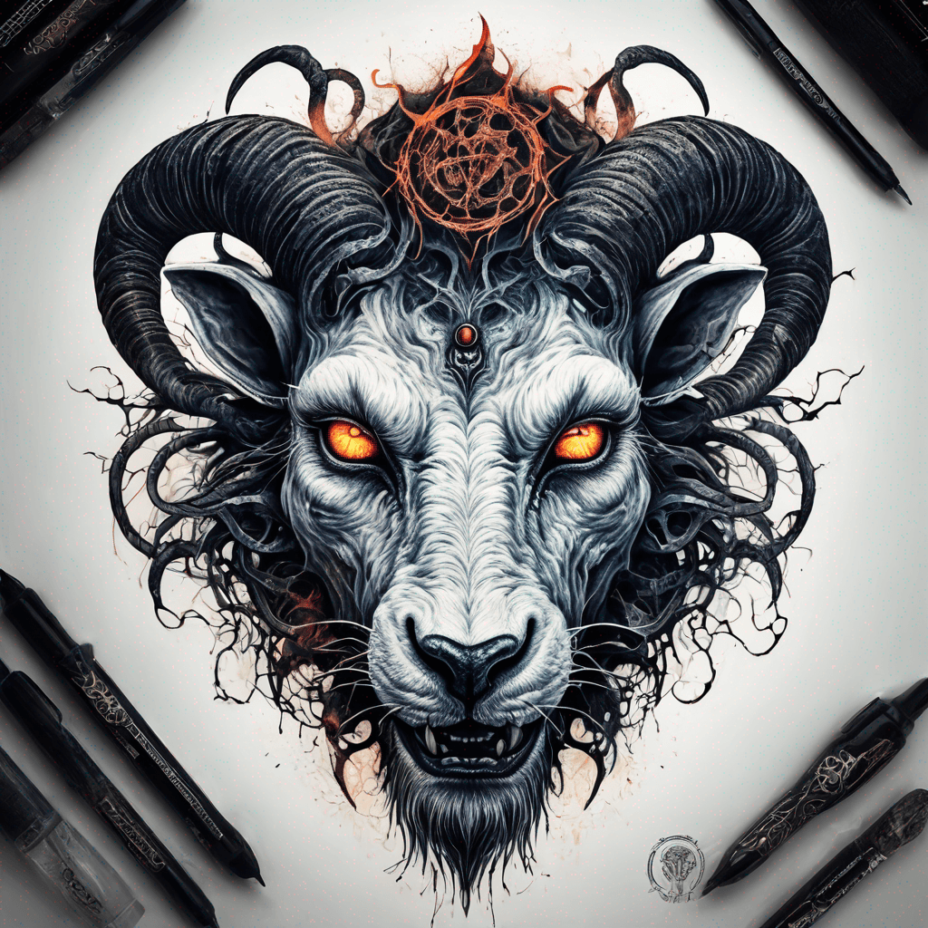 fierce goat-lion demon face, snarling maw, twisted goat horns, glowing eyes, occult sigils, cracked skin, neo-traditional blackwork, bold lines