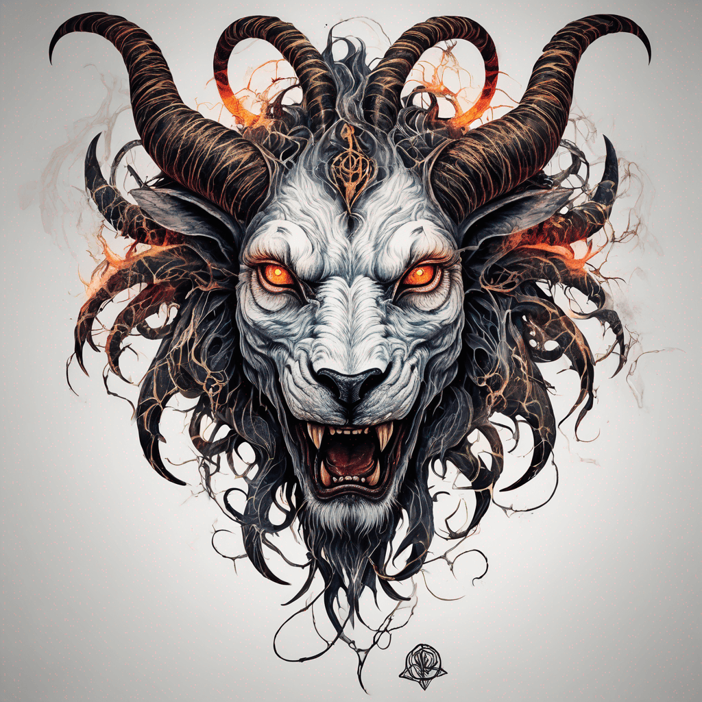 fierce goat-lion demon face, snarling maw, twisted goat horns, glowing eyes, occult sigils, cracked skin, neo-traditional blackwork, bold lines