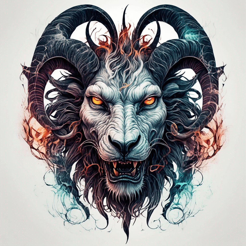 fierce goat-lion demon face, snarling maw, twisted goat horns, glowing eyes, occult sigils, cracked skin, neo-traditional blackwork, bold lines