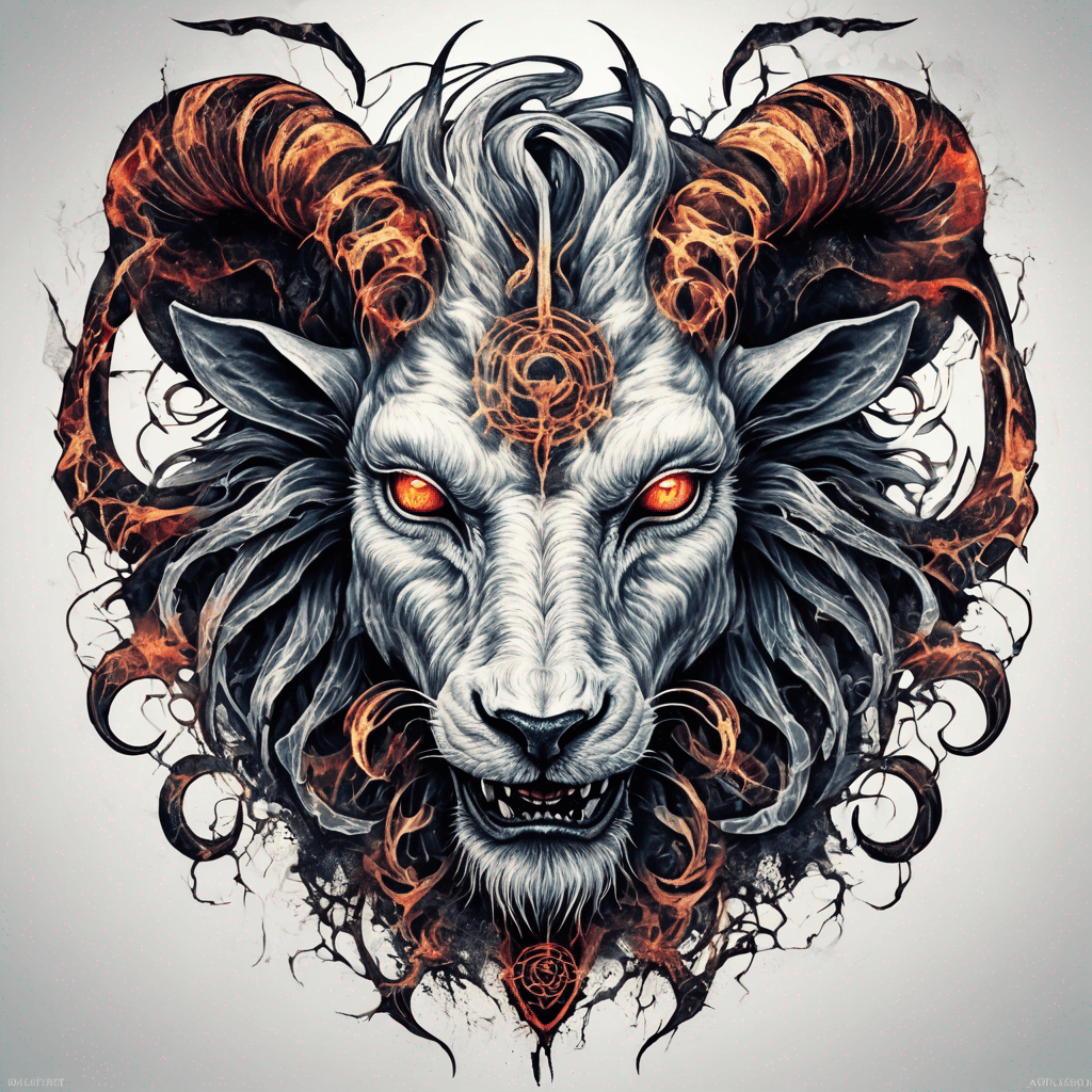 fierce goat-lion demon face, snarling maw, twisted goat horns, glowing eyes, occult sigils, cracked skin, neo-traditional blackwork, bold lines