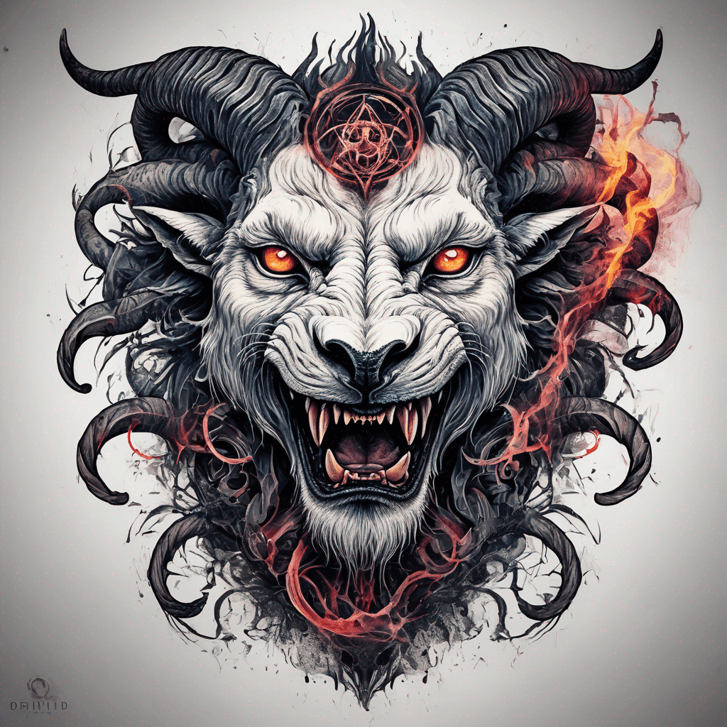 fierce goat-lion demon face, snarling maw, twisted goat horns, glowing eyes, occult sigils, cracked skin, neo-traditional blackwork, bold lines