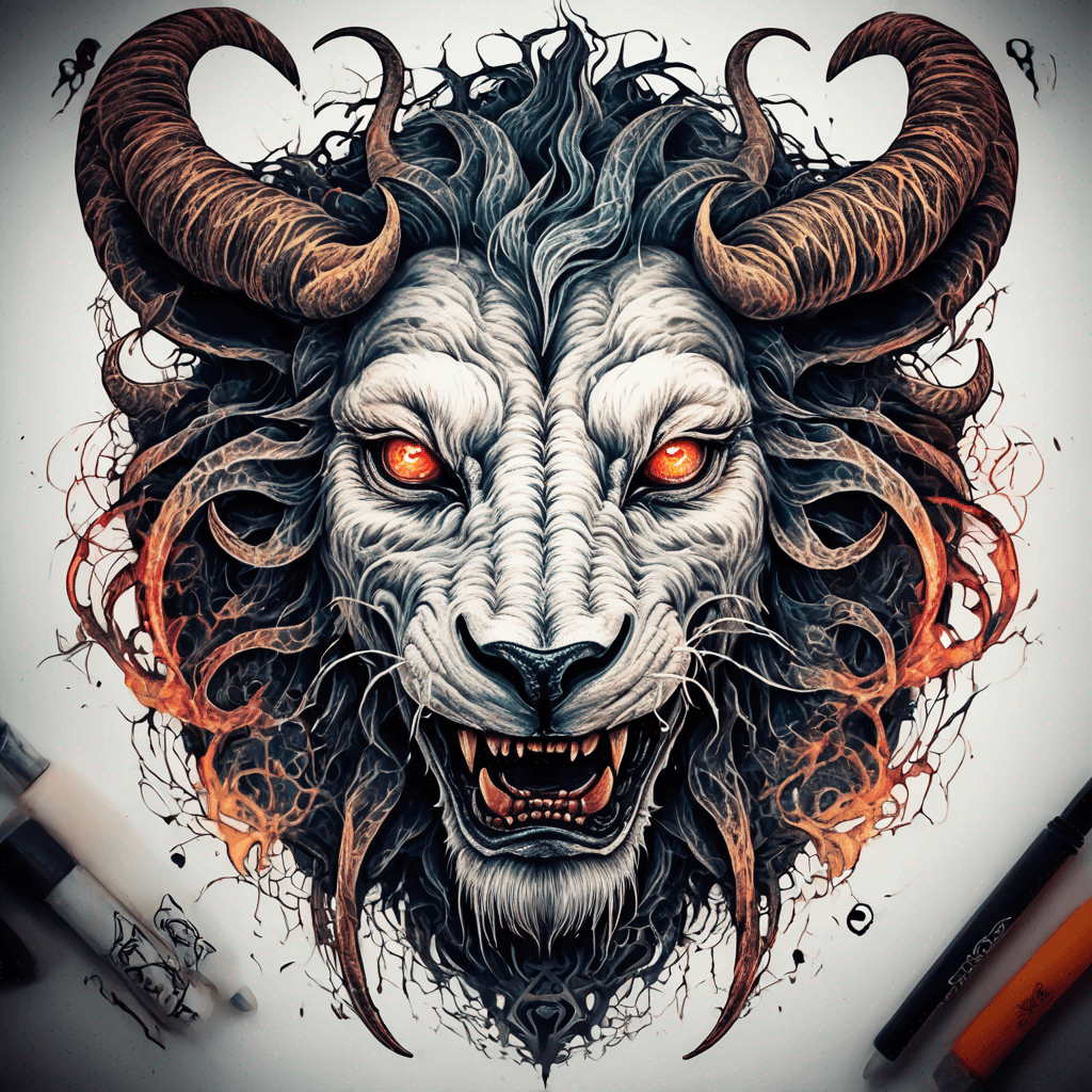 fierce goat-lion demon face, snarling maw, twisted goat horns, glowing eyes, occult sigils, cracked skin, neo-traditional blackwork, bold lines