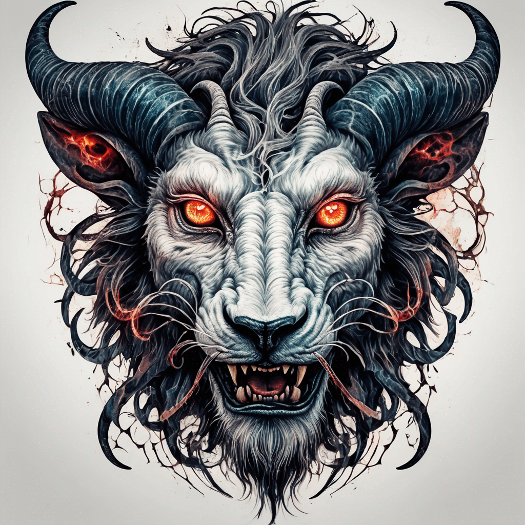 fierce goat-lion demon face, snarling maw, twisted goat horns, glowing eyes, occult sigils, cracked skin, neo-traditional blackwork, bold lines
