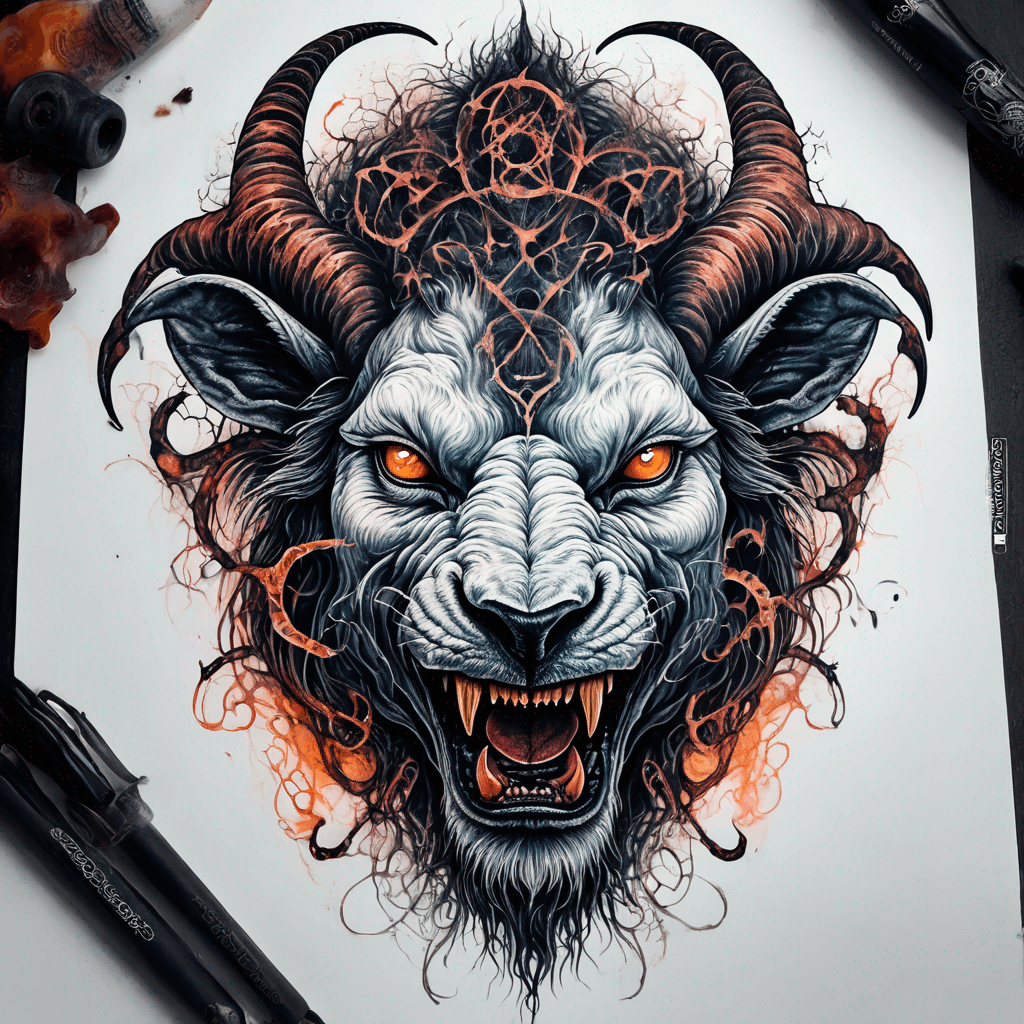 fierce goat-lion demon face, snarling maw, twisted goat horns, glowing eyes, occult sigils, cracked skin, neo-traditional blackwork, bold lines