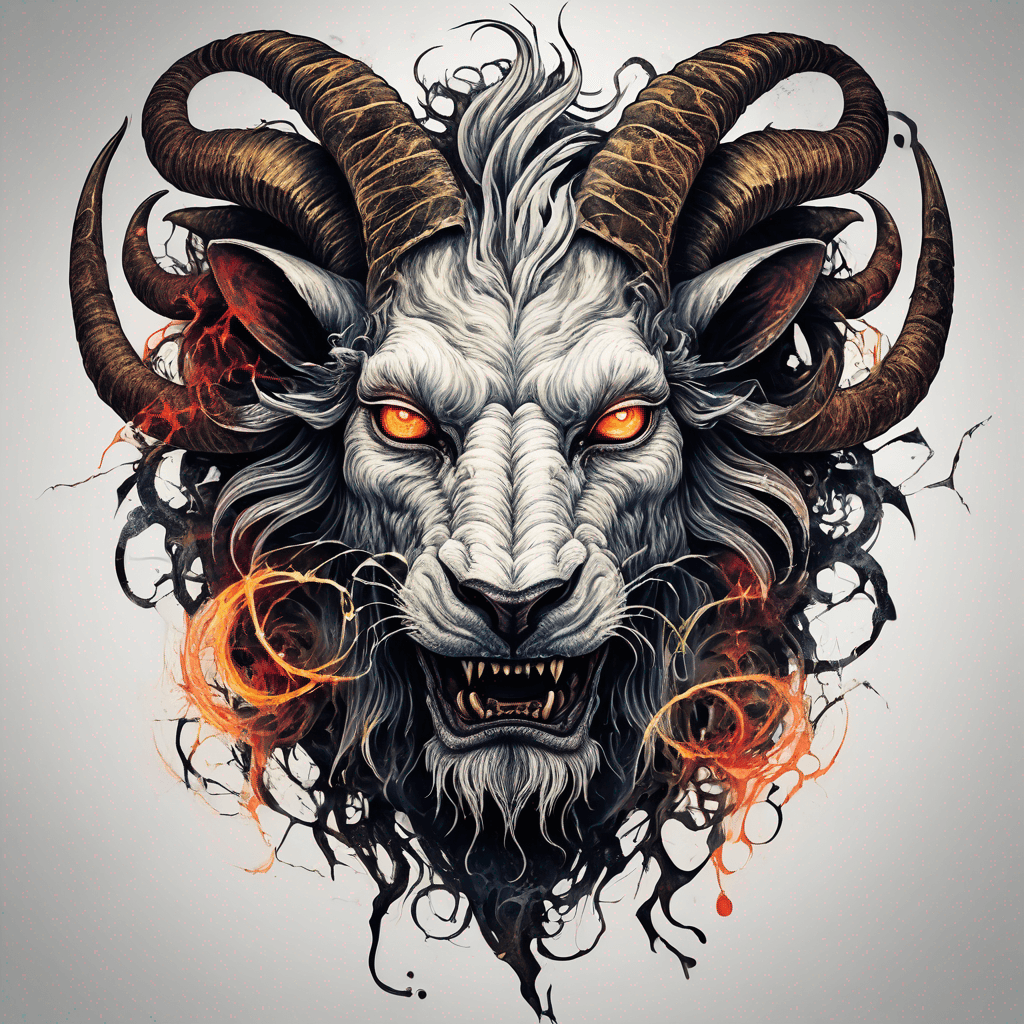 fierce goat-lion demon face, snarling maw, twisted goat horns, glowing eyes, occult sigils, cracked skin, neo-traditional blackwork, bold lines