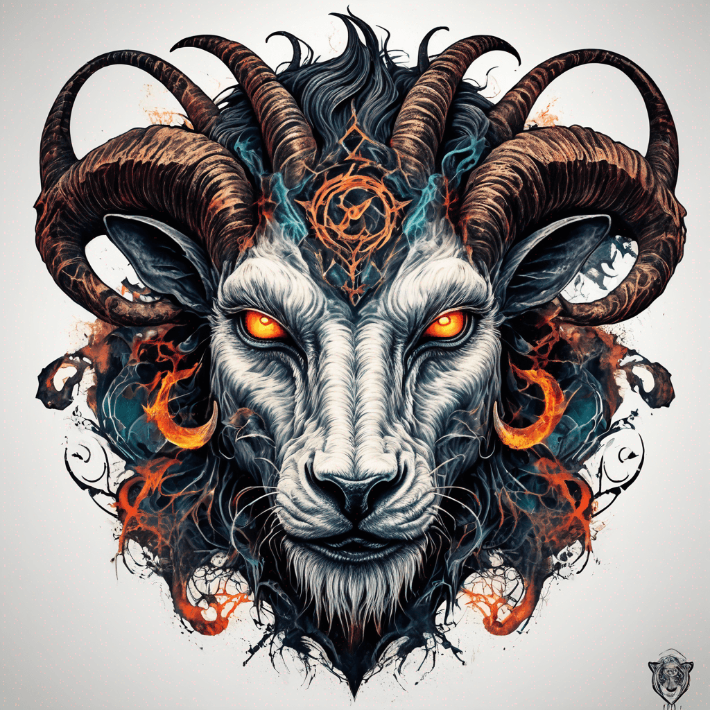 fierce goat-lion demon face, snarling maw, twisted goat horns, glowing eyes, occult sigils, cracked skin, neo-traditional blackwork, bold lines