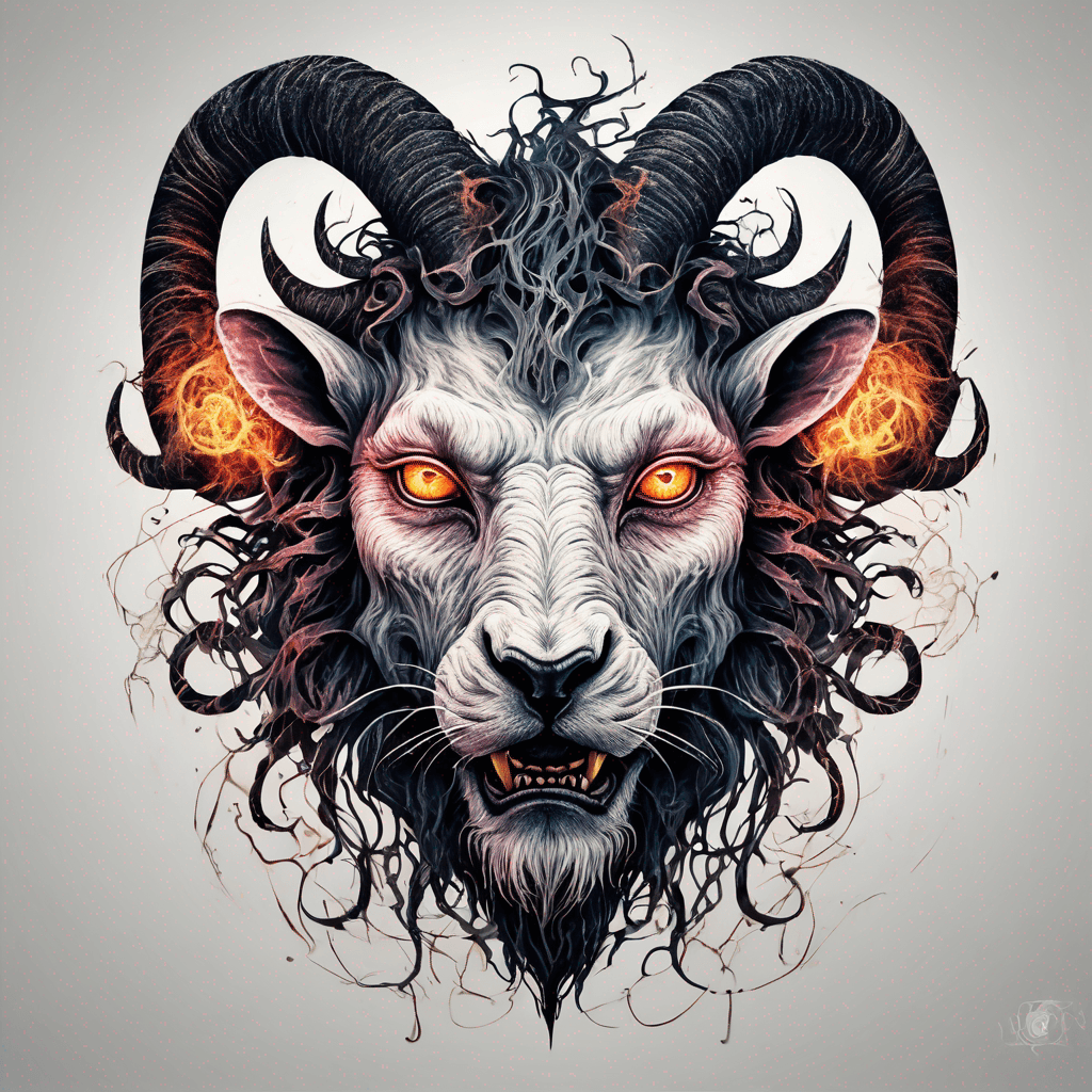 fierce goat-lion demon face, snarling maw, twisted goat horns, glowing eyes, occult sigils, cracked skin, neo-traditional blackwork, bold lines