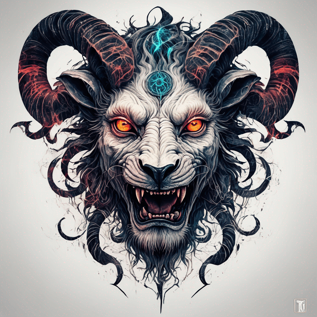 fierce goat-lion demon face, snarling maw, twisted goat horns, glowing eyes, occult sigils, cracked skin, neo-traditional blackwork, bold lines
