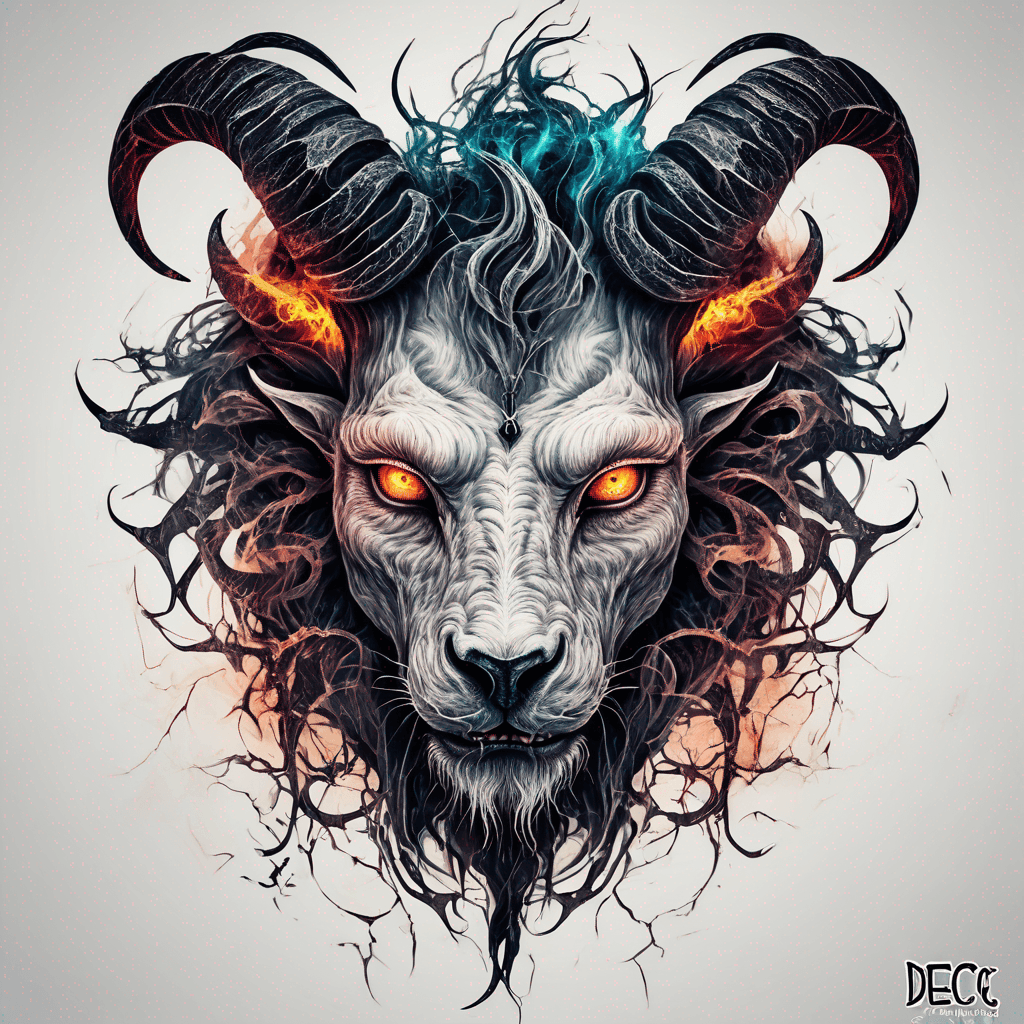 fierce goat-lion demon face, snarling maw, twisted goat horns, glowing eyes, occult sigils, cracked skin, neo-traditional blackwork, bold lines
