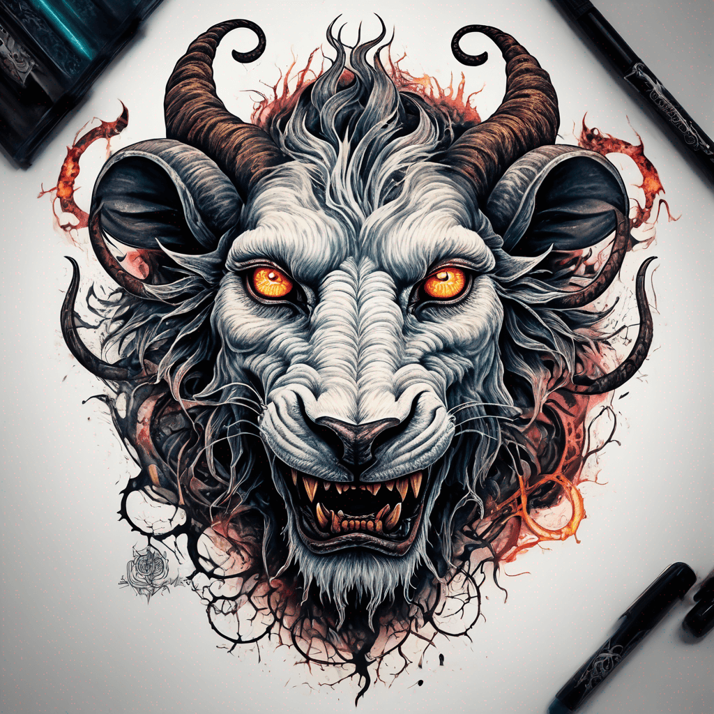 fierce goat-lion demon face, snarling maw, twisted goat horns, glowing eyes, occult sigils, cracked skin, neo-traditional blackwork, bold lines